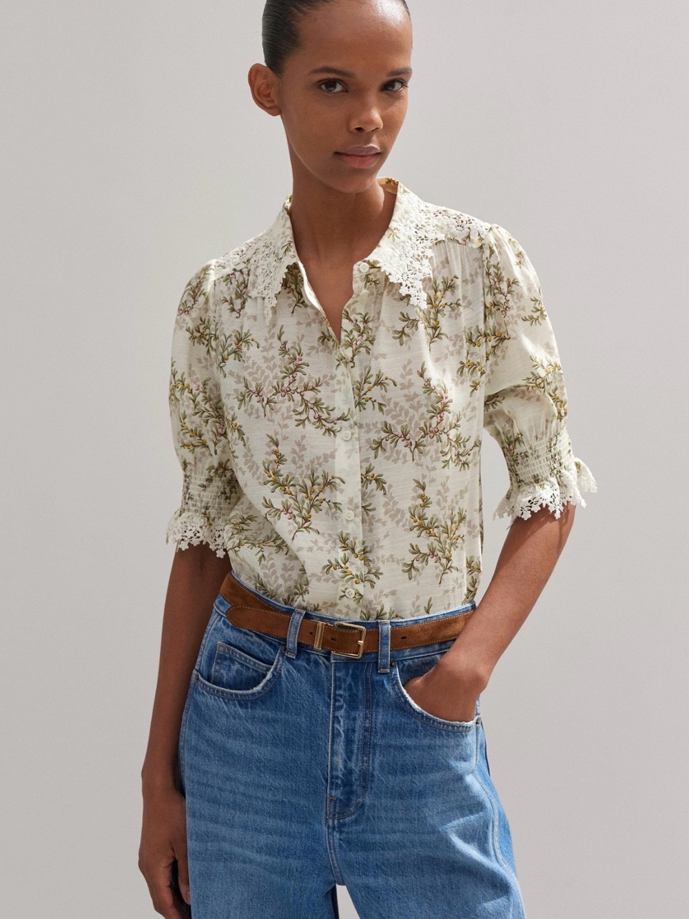 ME+EM Cream Floral Lace-Trim Blouse with Green Print